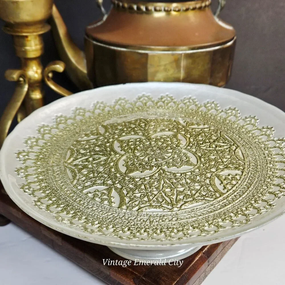 Vtg Turkish Glass White Cake Stand Pedestal Dessert Serving Platter Gold Lace